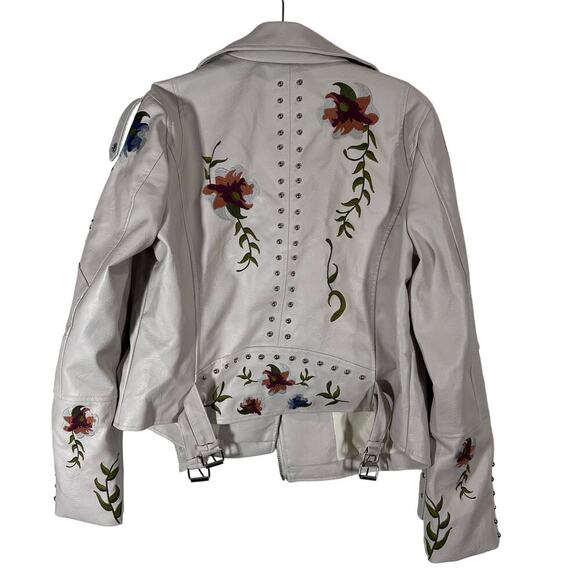 Bollrllr Women Floral Print Embroidered Faux Leather Jacket Lapel Collar Size L - Picture 3 of 9